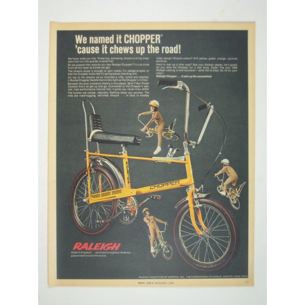 Raleigh Chopper Vintage Bicycle Print Ad 1969 Boys Life Cycling